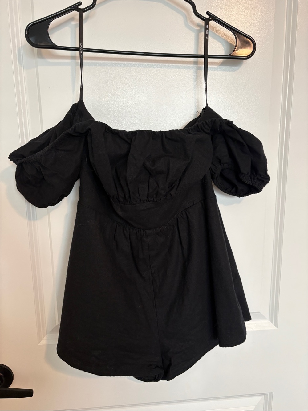 MAJORELLE Black Off-Shoulder Puff Sleeve Romper